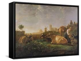 A Distant View of Dordrecht with Sleeping Herdsman and Five Cows-Aelbert Cuyp-Framed Stretched Canvas