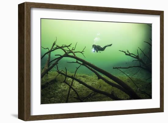 A Diver in the Car Wash Cenote System in Mexico-null-Framed Photographic Print