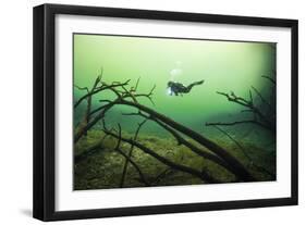 A Diver in the Car Wash Cenote System in Mexico-null-Framed Photographic Print