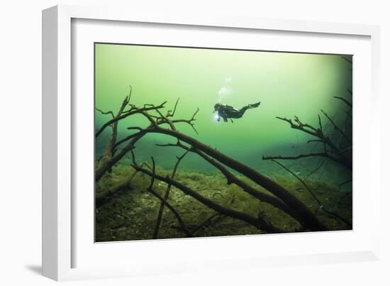 A Diver in the Car Wash Cenote System in Mexico-null-Framed Photographic Print