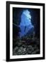 A diver stops at the entrance to an underwater cave in Grand Cayman, Cayman Islands-Stocktrek Images-Framed Photographic Print