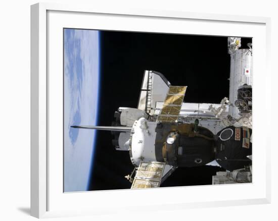 A Docked Soyuz Spacecraft over the Docked Space Shuttle Atlantis-null-Framed Photographic Print