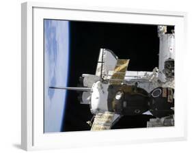 A Docked Soyuz Spacecraft over the Docked Space Shuttle Atlantis-null-Framed Photographic Print
