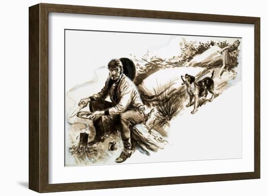 A Dog Barks at a Cowboy Eating Food-null-Framed Giclee Print