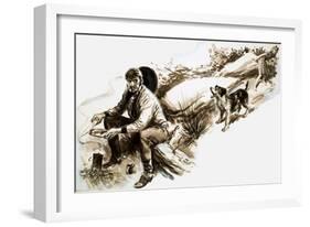 A Dog Barks at a Cowboy Eating Food-null-Framed Giclee Print