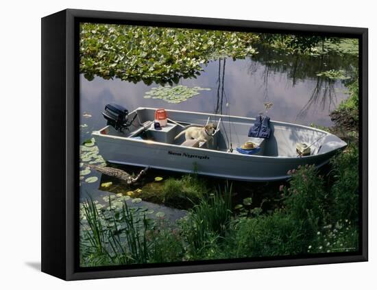A Dog in a Boat on a Pond-null-Framed Stretched Canvas