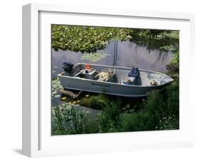 A Dog in a Boat on a Pond-null-Framed Photographic Print