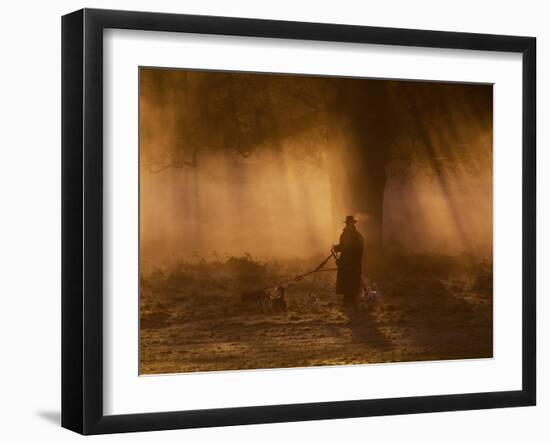 A Dog Walker Makes His Way with Four Dogs in the Early Morning Mist in Richmond Park-Alex Saberi-Framed Photographic Print