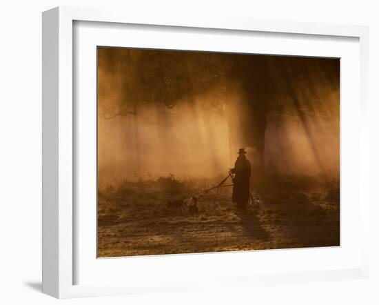 A Dog Walker Makes His Way with Four Dogs in the Early Morning Mist in Richmond Park-Alex Saberi-Framed Photographic Print