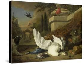 A Dog with a Dead Goose and Peacock (A Study of Game and Fruit)-Jan Weenix-Stretched Canvas