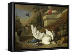 A Dog with a Dead Goose and Peacock (A Study of Game and Fruit)-Jan Weenix-Framed Stretched Canvas