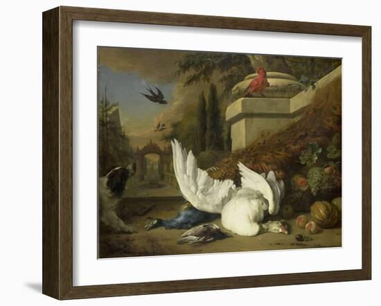 A Dog with a Dead Goose and Peacock (A Study of Game and Fruit)-Jan Weenix-Framed Art Print