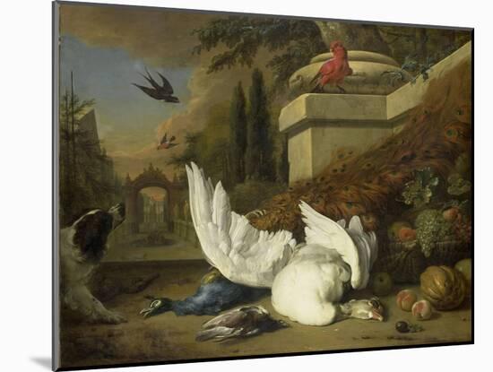 A Dog with a Dead Goose and Peacock (A Study of Game and Fruit)-Jan Weenix-Mounted Art Print