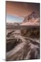 A dramatic sunset at Haukland Beach in winter, Lofoten, Nordland, Arctic-Ed Rhodes-Mounted Photographic Print