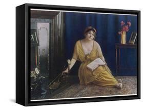 A Dreamy Young Lady Seated by the Fire with Book in Hand 'the Reverie'-null-Framed Stretched Canvas