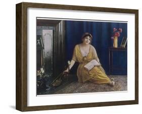 A Dreamy Young Lady Seated by the Fire with Book in Hand 'the Reverie'-null-Framed Photographic Print