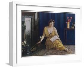 A Dreamy Young Lady Seated by the Fire with Book in Hand 'the Reverie'-null-Framed Photographic Print