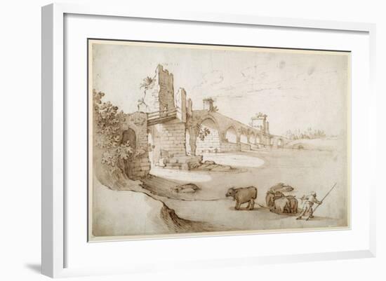 A Drover Urging a Team of Bullocks to Swim the Tiber at the Ponte Milvio Crossing (Pen and Brown In-Sebastian Vrancx-Framed Giclee Print