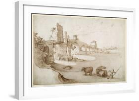 A Drover Urging a Team of Bullocks to Swim the Tiber at the Ponte Milvio Crossing (Pen and Brown In-Sebastian Vrancx-Framed Giclee Print