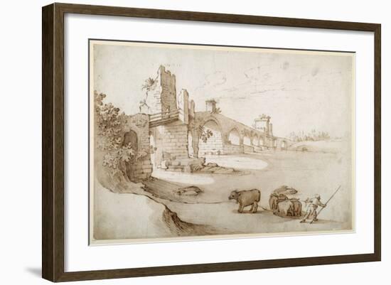 A Drover Urging a Team of Bullocks to Swim the Tiber at the Ponte Milvio Crossing (Pen and Brown In-Sebastian Vrancx-Framed Giclee Print