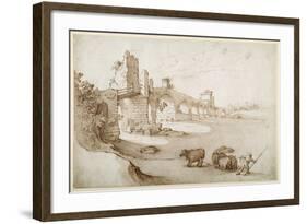 A Drover Urging a Team of Bullocks to Swim the Tiber at the Ponte Milvio Crossing (Pen and Brown In-Sebastian Vrancx-Framed Giclee Print