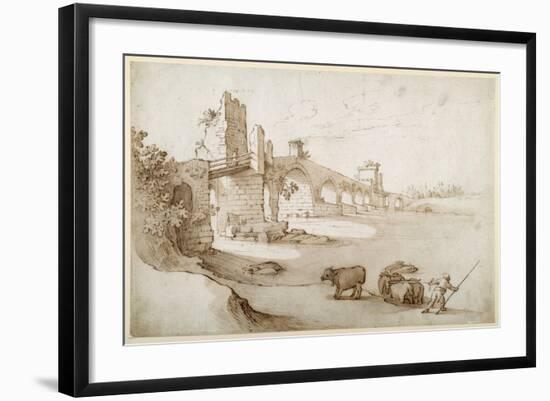 A Drover Urging a Team of Bullocks to Swim the Tiber at the Ponte Milvio Crossing (Pen and Brown In-Sebastian Vrancx-Framed Giclee Print