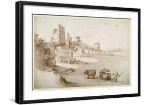 A Drover Urging a Team of Bullocks to Swim the Tiber at the Ponte Milvio Crossing (Pen and Brown In-Sebastian Vrancx-Framed Giclee Print