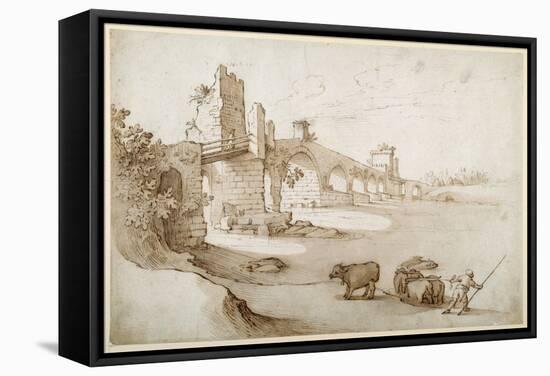 A Drover Urging a Team of Bullocks to Swim the Tiber at the Ponte Milvio Crossing (Pen and Brown In-Sebastian Vrancx-Framed Stretched Canvas
