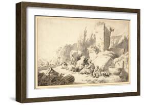 A Drover with His Family and Cattle beside Classical Ruins, 1666 (Chalk, Ink & W/C on Paper)-Johann Heinrich Roos-Framed Giclee Print