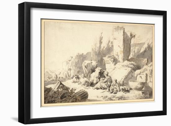 A Drover with His Family and Cattle beside Classical Ruins, 1666 (Chalk, Ink & W/C on Paper)-Johann Heinrich Roos-Framed Giclee Print