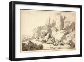 A Drover with His Family and Cattle beside Classical Ruins, 1666 (Chalk, Ink & W/C on Paper)-Johann Heinrich Roos-Framed Giclee Print