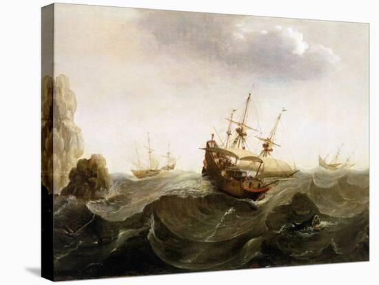 A Dutch Trading Ship to the East Indies Lets Two Herring Fishing Boats Pass. Oil Painting, Mid-17Th-Bonaventura Peeters-Stretched Canvas