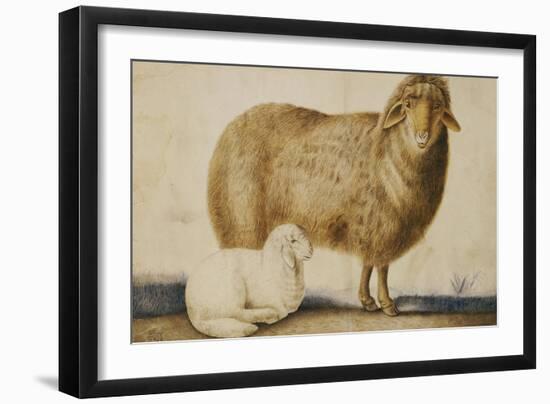 A Ewe and Her Lamb, circa 1850-Abu'l-hasan Ghaffari Kashani-Framed Giclee Print