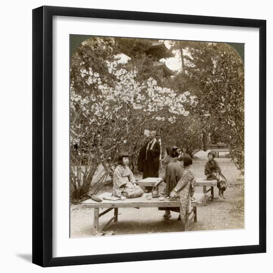 A Family Enjoying a Picnic under the Cherry Blossoms, Omuro Gosho, Kyoto, Japan, 1904-Underwood & Underwood-Framed Photographic Print