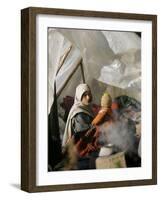 A Family from the Quake-Affected Rangwad Village Sits Near a Fireplace-null-Framed Photographic Print