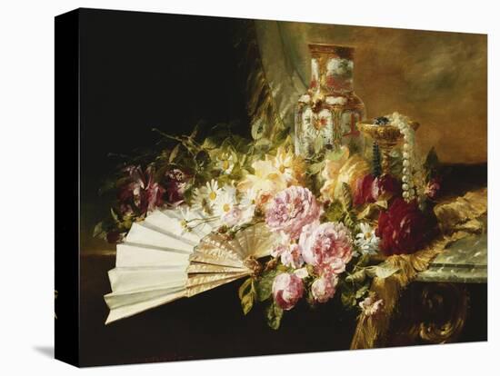 A Fan with Roses, Daisies and a Famille Rose Vase on a Draped Table-Pierre Garnier-Stretched Canvas