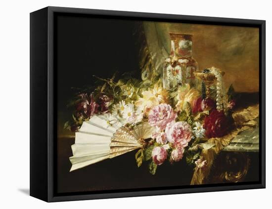 A Fan with Roses, Daisies and a Famille Rose Vase on a Draped Table-Pierre Garnier-Framed Stretched Canvas