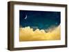 A Fantasy Cloudscape with Stars and a Crescent Moon Overlaid with a Vintage, Textured Watercolor Pa-David M Schrader-Framed Photographic Print