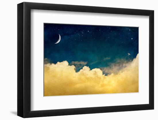 A Fantasy Cloudscape with Stars and a Crescent Moon Overlaid with a Vintage, Textured Watercolor Pa-David M Schrader-Framed Photographic Print