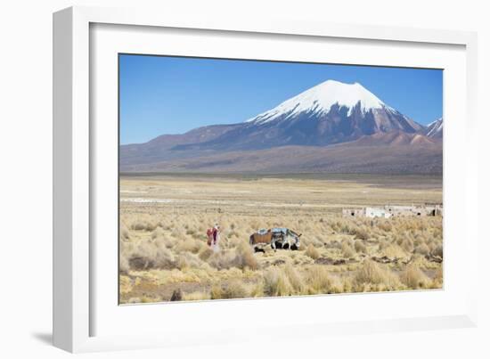 A Farmer Crosses a Landscape Below a Volcano in Sajama National Park-Alex Saberi-Framed Photographic Print