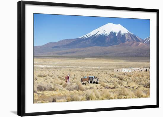 A Farmer Crosses a Landscape Below a Volcano in Sajama National Park-Alex Saberi-Framed Photographic Print