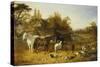 A Farmyard with Horses and Ponies, Berkshire, Saddlebacks, Alderney Shorthorn Cattle, Bantams,…-John Frederick Herring I-Stretched Canvas