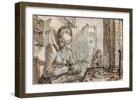 A Fashionable Young Woman Sits at a Kitchen Table to Shell Walnuts-Crispin I De Passe-Framed Giclee Print