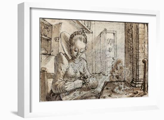 A Fashionable Young Woman Sits at a Kitchen Table to Shell Walnuts-Crispin I De Passe-Framed Giclee Print