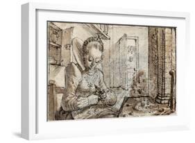 A Fashionable Young Woman Sits at a Kitchen Table to Shell Walnuts-Crispin I De Passe-Framed Giclee Print