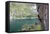 A Female Climber Tackles a Steep Cliff at Loven, Near Aurland, Western Norway, Scandinavia, Europe-David Pickford-Framed Stretched Canvas