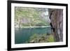 A Female Climber Tackles a Steep Cliff at Loven, Near Aurland, Western Norway, Scandinavia, Europe-David Pickford-Framed Photographic Print