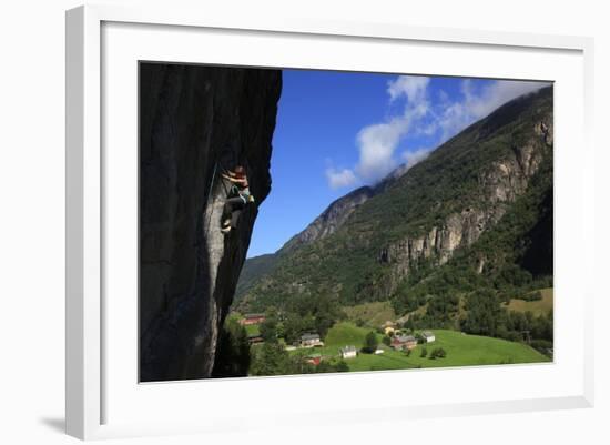 A Female Climber Tackles a Steep Cliff at Loven, Near Aurland, Western Norway, Scandinavia, Europe-David Pickford-Framed Photographic Print