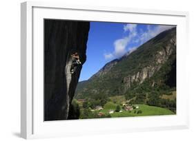 A Female Climber Tackles a Steep Cliff at Loven, Near Aurland, Western Norway, Scandinavia, Europe-David Pickford-Framed Photographic Print