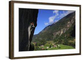 A Female Climber Tackles a Steep Cliff at Loven, Near Aurland, Western Norway, Scandinavia, Europe-David Pickford-Framed Photographic Print